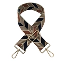 Detail of adjustable woven bag strap with retro geometric wave pattern and gold metal hooks - Gold Buckle / A-9 Black Brown
