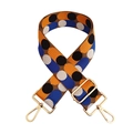 Close-up of colorful polka dot pattern on 5cm wide woven shoulder strap with gold hardware - Silver Clasp / Y3 Blue White Orange Black