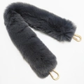 Detail view of dark grey faux fur bag strap with golden lobster claws on white background - Short Style / Dark Gray