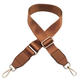 Close-up of adjustable tan nylon bag strap with leather ends and gold metal hardware - Brown