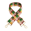 Detail of red and green geometric jacquard wide bag strap with gold rotating metal hooks - Y7 Green White Yellow