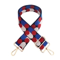 Detailed view of adjustable jacquard bag strap with red and blue polka dots and gold clasps - Y9 Blue White Red