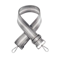 Close-up of adjustable woven bag strap with silver metallic stripes and lobster clasps - Grey + Silver Buckle
