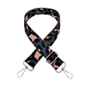 Macro detail of leopard jacquard wide strap with silver swivel hooks and adjustable buckle - Dark Grey + Silver Buckle