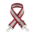 Detailed view of red, white and silver striped nylon strap with silver metal swivel hooks - Wine Red + Silver Buckle
