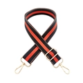 Close-up of adjustable striped cotton bag strap with golden metal lobster clasps - Silver Clasp / Navy Orange Red