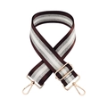 Detail of adjustable nylon striped bag strap with rose gold metal hooks and silver wire weave - Coffee + Gold Buckle