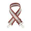 Close-up of adjustable striped 5cm wide bag strap with rose gold metal lobster clasps - Brown + Gold Buckle