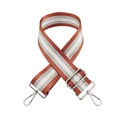 Detail of adjustable wide shoulder strap with silver hardware and colorful striped webbing - Brown + Silver Buckle