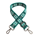 Detail of bohemian jacquard bag strap with teal snowflake patterns and gunmetal hardware - Green Gunmetal Buckle
