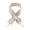 Detail of adjustable 5cm bag strap with beige and silver stripes and rose gold hardware - Khaki+Gold Buckle