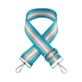 Detail of adjustable blue and silver striped nylon wide strap with metal swivel hooks - Peacock Blue + Silver Buckle