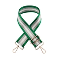 Detail of adjustable nylon bag strap with green and silver stripes and gold metal hooks - Green + Gold Buckle