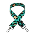 Detail of teal and orange leopard jacquard nylon strap with gunmetal swivel hooks - Emerald Green + Gunmetal Buckle
