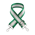 Detail of 5cm wide green and silver striped replacement shoulder strap with metal swivel hooks - Green + Silver Buckle