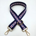 Close-up of adjustable ethnic style strap with pink and blue diamond patterns and gold hooks - Blue Gold