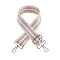 Detail of pink and silver striped nylon wide shoulder strap with metal swivel hooks - Light Pink + Silver Buckle