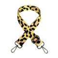 Detail of adjustable leopard print jacquard strap with durable metal swivel carabiners - Yellow + Gunmetal Buckle