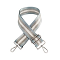 Detail of adjustable blue and silver striped bag strap with shiny metallic swivel hooks - Light Blue + Silver Buckle