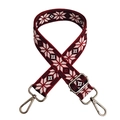 Macro detail of red and white snowflake pattern woven shoulder strap with metal hooks - Wine Red Gunmetal Buckle