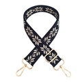 Close-up of ethnic style embroidered bag strap with golden metal swivel hooks and length buckle - Dark Blue With Gold Buckle