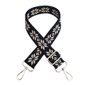 Detail of ethnic embroidered wide bag strap with silver metal lobster clasps and buckles - Dark Blue With Silver Buckle