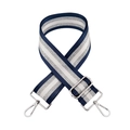 Detail of adjustable nylon bag strap with navy and silver glitter stripes and metal hooks - Dark Blue + Silver Buckle
