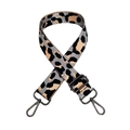 Detail of adjustable leopard print jacquard strap with dark gunmetal swivel hooks - Grey + Gunmetal Buckle