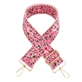 Detail of floral embroidered pink wide bag strap with gold lobster clasps and metal buckle - Silver Clasp / T5-Pink Rose Floral