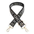 Detail of wide jacquard bag strap with geometric patterns and gold metal buckles - Black White Grey Gold Buckle