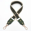 Detail of adjustable dark green woven bag strap with golden metal hooks and hardware - Army Green