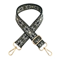 Detail of adjustable wide woven shoulder strap with geometric ethnic embroidery pattern - Black White Green Gold Buckle