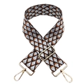 Detail of multi-color geometric jacquard bag strap with golden metal lobster clasps - Black Silver Thread