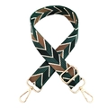 Close-up of woven bag strap with green herringbone pattern and gold metal hardware hooks - No.2 Green Silver Buckle