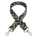Close-up of adjustable woven shoulder strap with green and brown chevron pattern and metal hooks - Green Gunmetal Buckle