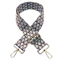 Detail of adjustable peacock pattern jacquard bag strap with gold lobster clasps - Light Purple Silver Thread