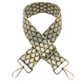 Close-up of jacquard wide strap with peacock pattern and golden metal lobster clasps - Bright Green Silver Thread