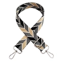 Detail of adjustable wide canvas shoulder strap with vintage black and white geometric pattern - Black Beige Silver Buckle