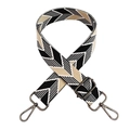 Macro view of adjustable woven bag strap with black and white chevron pattern and metal hooks - Black Beige Gunmetal Buckle