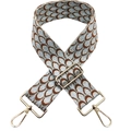 Detail of woven jacquard purse strap with peacock pattern and gold metal buckles - Light Grey Silver Thread
