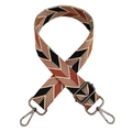 Detail of adjustable woven guitar style strap with retro geometric chevron pattern - Black Brown Gunmetal Buckle