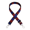 Detail of adjustable bag strap with red and blue polka dots and silver metal hooks - Red Blue Silver Buckle