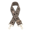 Close-up of vintage jacquard strap with pink geometric patterns and gold metal hooks - No.12 Black
