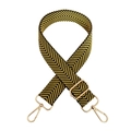 Close-up of woven herringbone bag strap with gold metal hooks and adjustable buckle - Black and Yellow with Gold Buckle