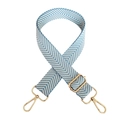 Detail of blue and white herringbone wide bag strap with gold metal lobster clasps - Light Blue White Gold Clasp