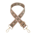 Close-up of geometric jacquard weave pattern on thickened strap with gold metal buckle - Beige Nude Pink Green