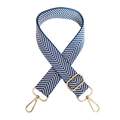 Detail of blue and white herringbone wide bag strap with gold metal hooks and buckle - Blue White Gold Buckle