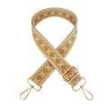 Detail of colorful geometric diamond pattern bag strap with gold lobster clasps and hardware - Beige Gray