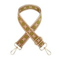 Detail of a woven geometric diamond strap with durable canvas and gold-tone metal clips - Beige Brown Teal