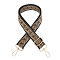 Close-up of colorful diamond pattern jacquard strap with gold metal swivel hooks - Black Beige Brown